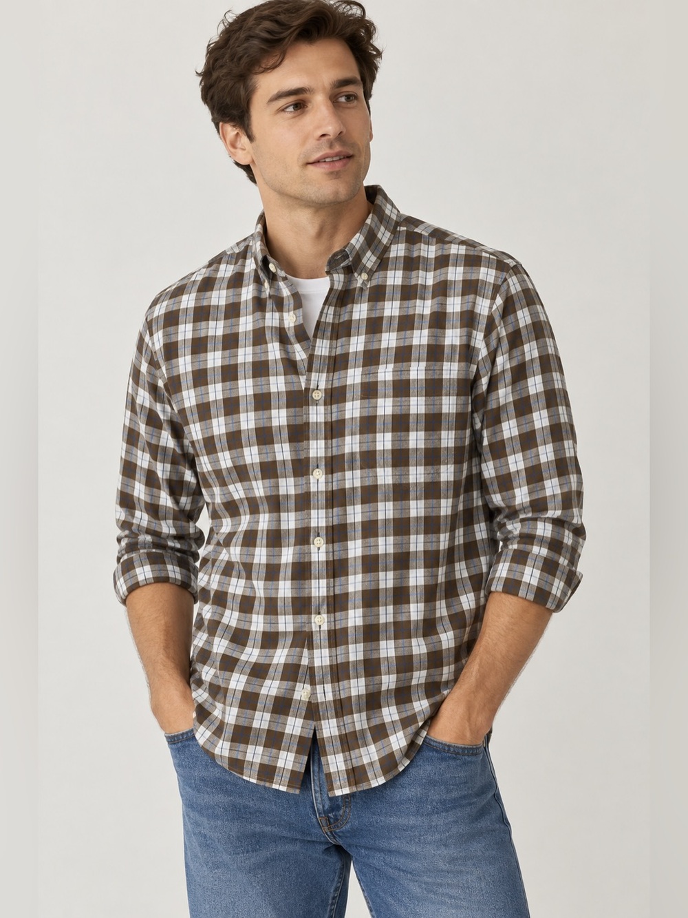 GAP Men's Casual Brown White Blue Checkered Shirt
